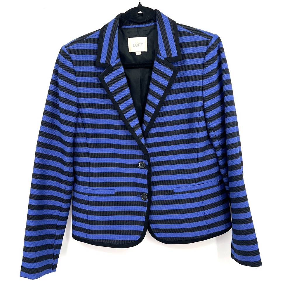 LOFT blue black stripe 2 button blazer jacket nautical coastal preppy classic 10